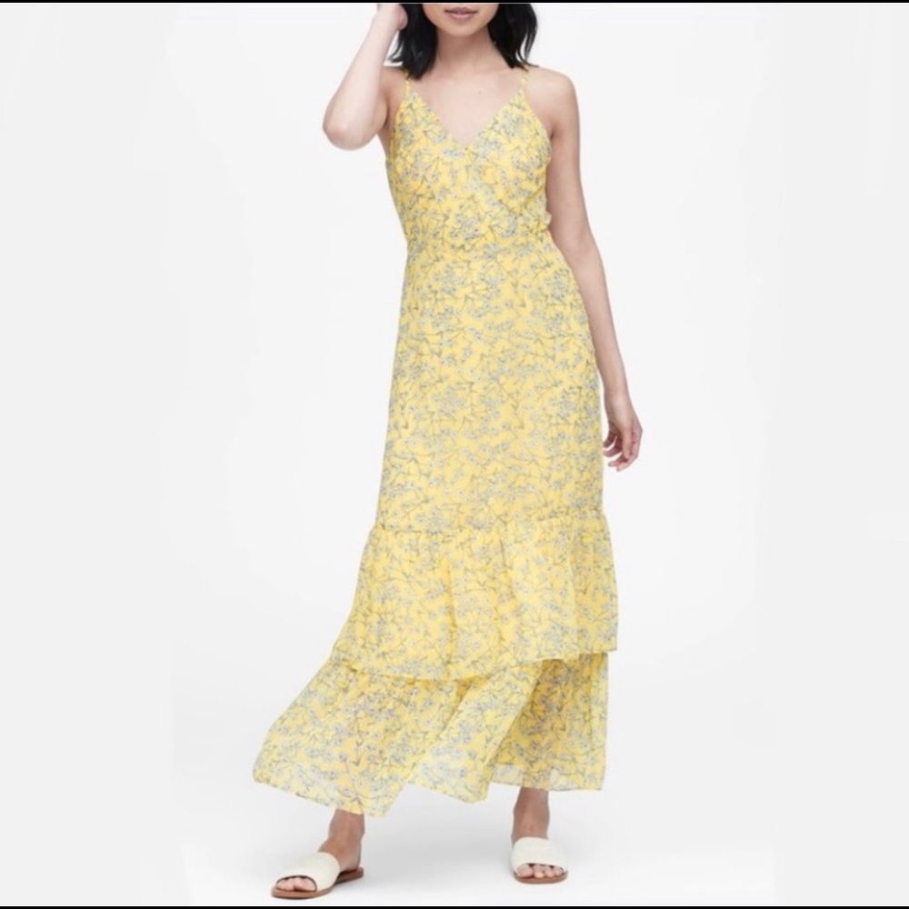Banana Republic Yellow Floral Sleeveless Maxi Layered Tiered Dress
